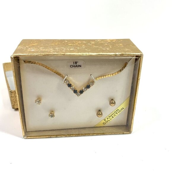 Vintage Jewelry Set Gold Tone Curb Chain Necklace Crystal Stud Earrings - Picture 2 of 3